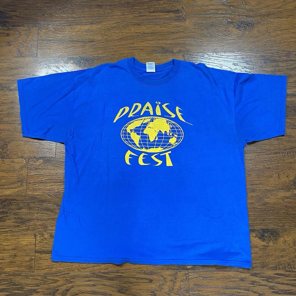 Gildan Ultra Blend Praise Fest Staff T-Shirt Blue Yellow Graphic Mens 2XL Heavy